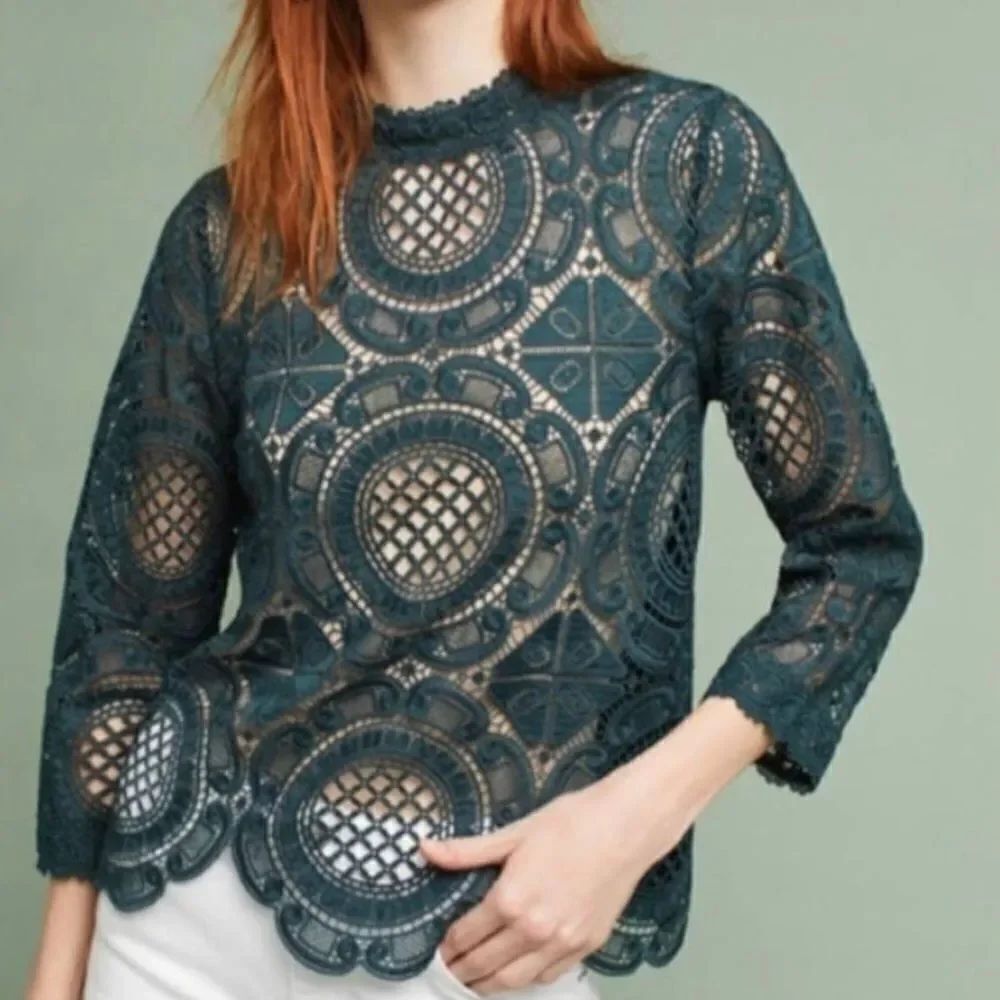James Coviello Anthropologie Green Teal Crochet Lace Blouse